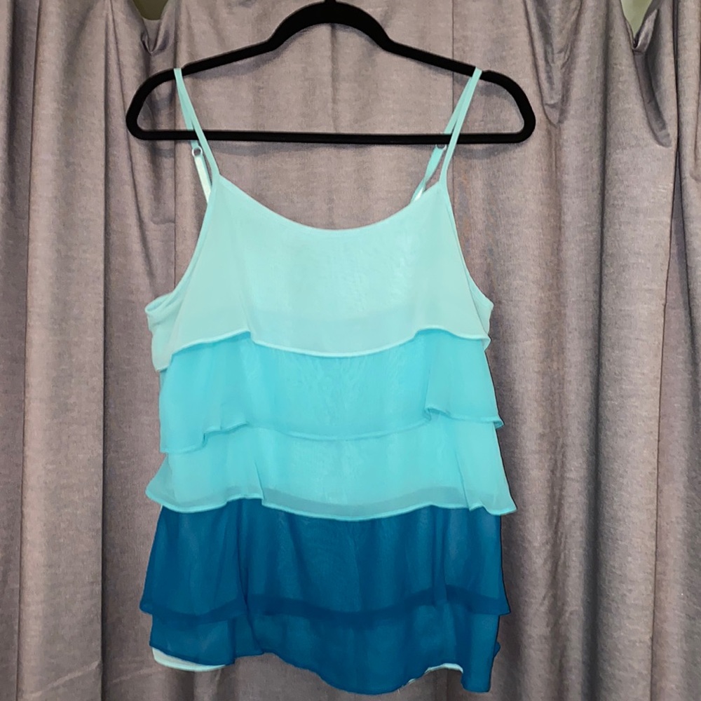 Ruffled multi colored top, perfect condition